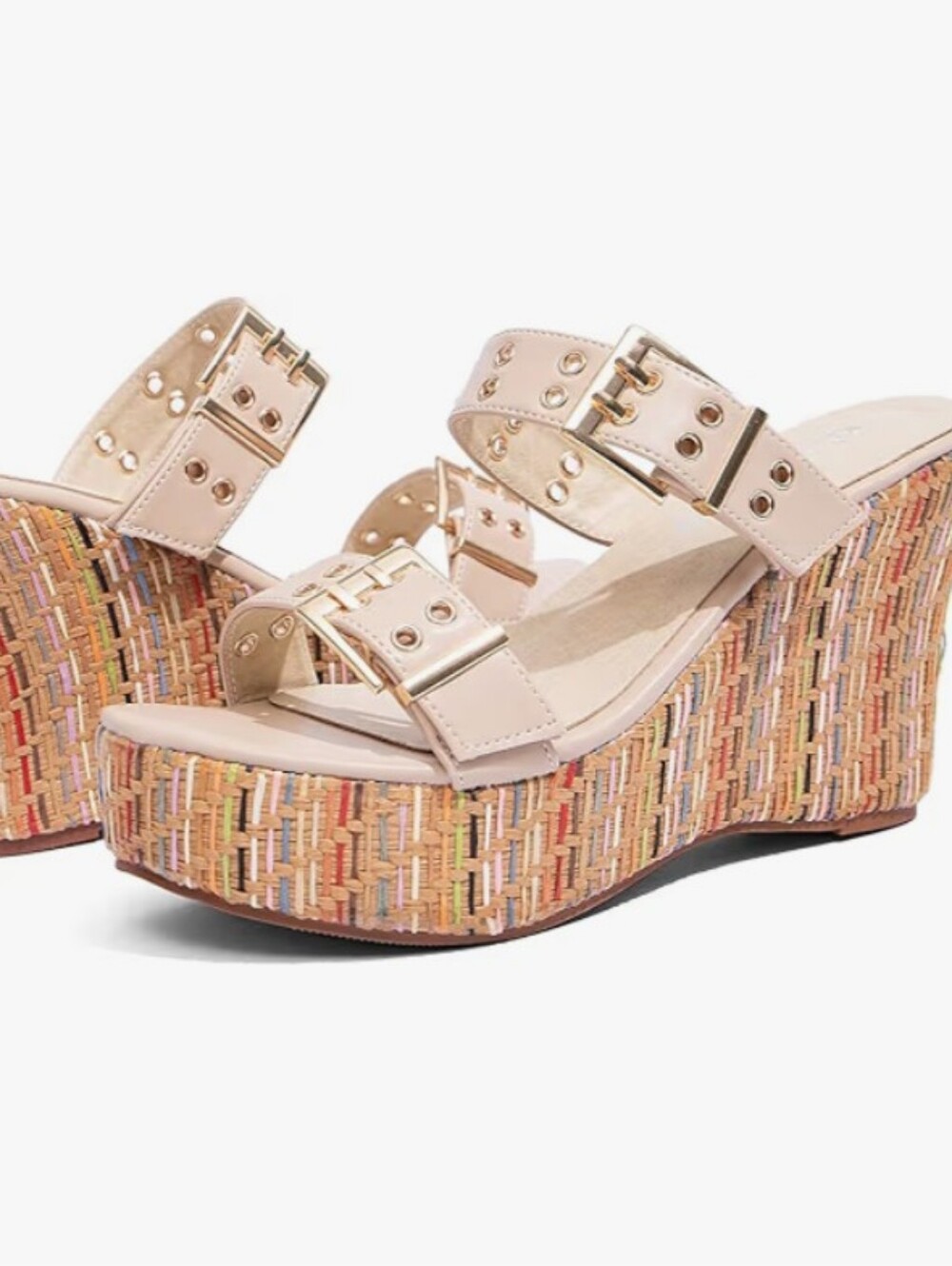 NWT Multi Color Woven Wedge Sandals Double Buckle Platform Slides 6 7 8 9